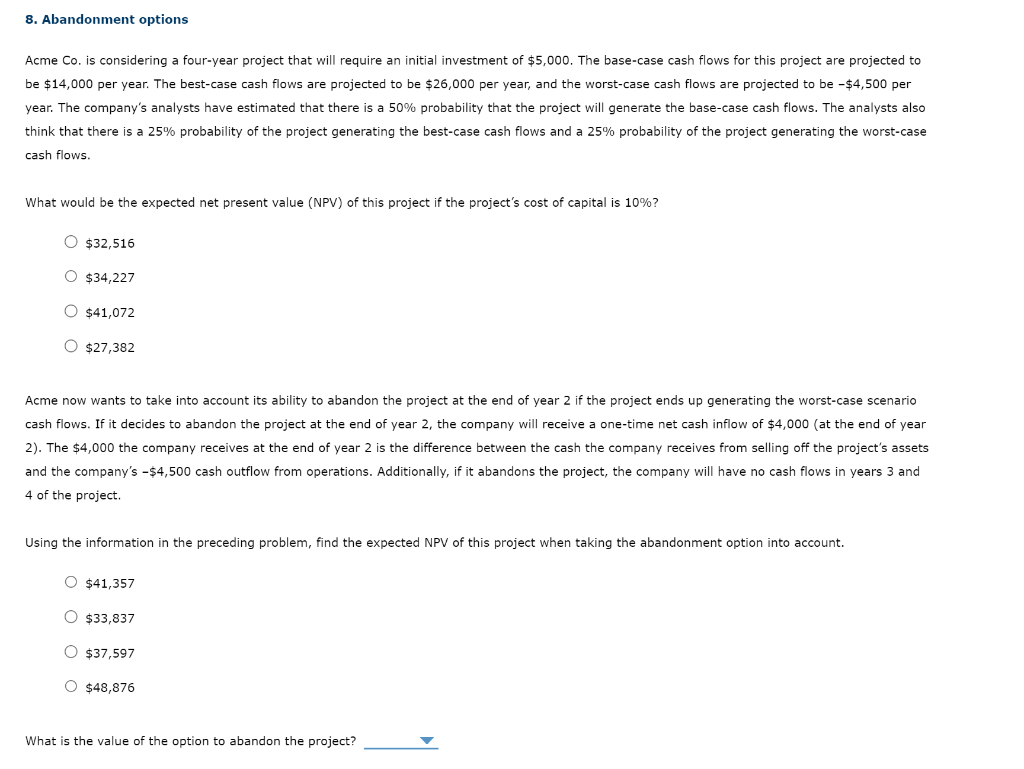  Acme Co. is considering a four-year project that will require an