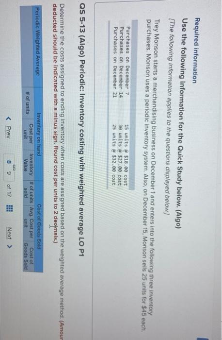  Required information Use the following information for the Quick Study below.