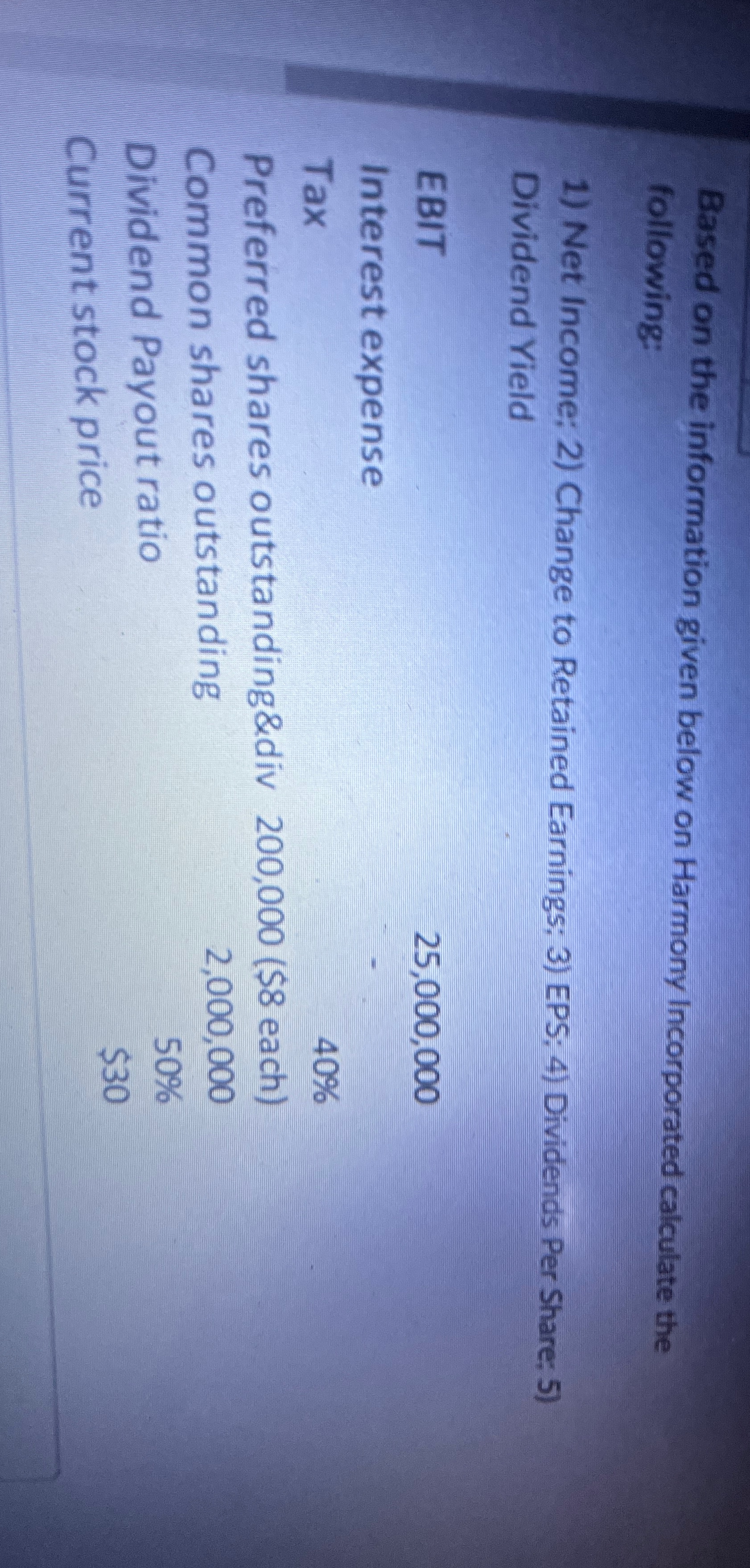  Based on the information given below on Harmony Incorporated calculate the
