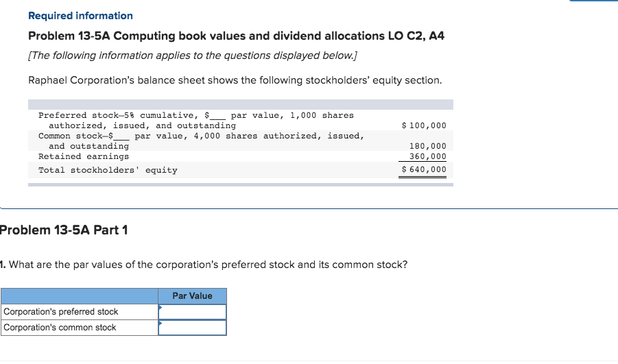  Required information Problem 13-5A Computing book values and dividend allocations LO