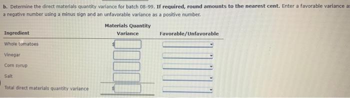  b. Determine the direct materials quantity variance for batch 08-99. If