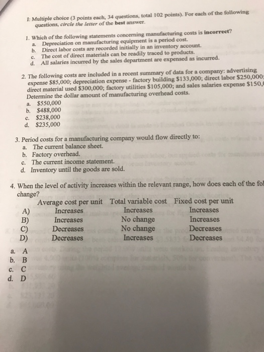  I: Multiple choice (3 points each, 34 questions, total 102 points).
