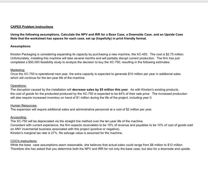  just complete the downside case sheet that is provided CAPEX Problem