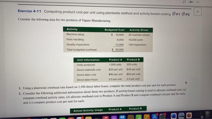  Exercise 4-11 Computing product cost per unit using plantwide method and
