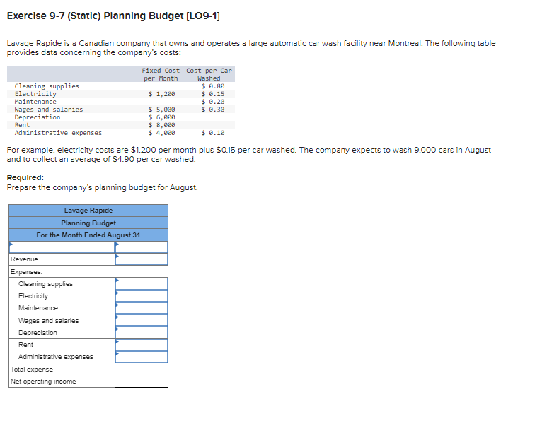  Exerclse 9-7(Statlc) Planning Budget [LO9-1] Lavage Rapide is a Canadian company