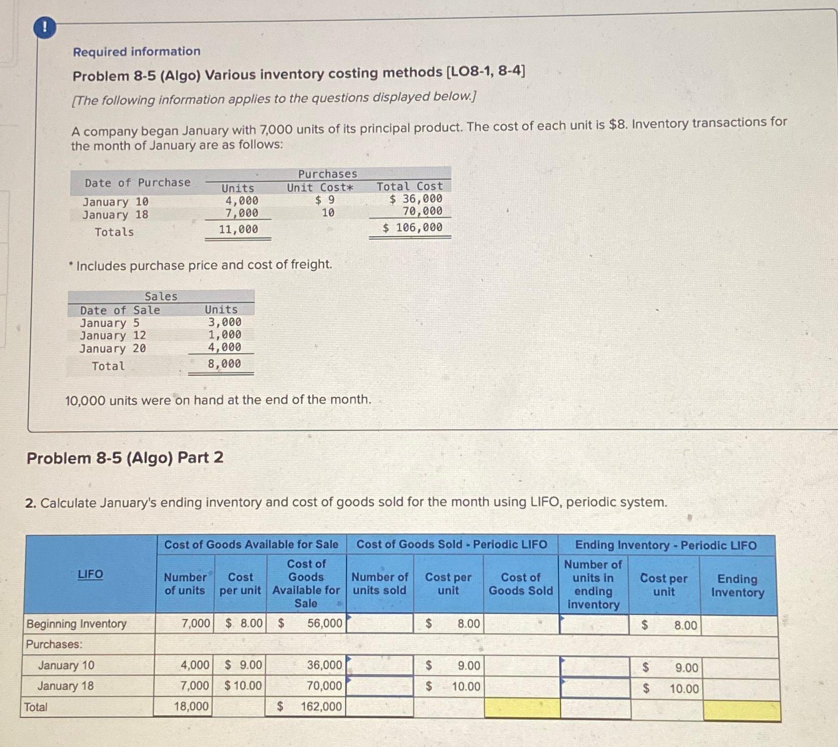  ! Required information Problem 8-5(Algo) Various inventory costing methods [LO8-1,8-4] [The