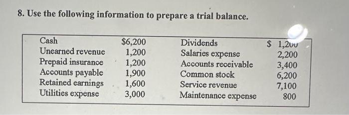 Please solve this for me. 8. Use the following information to prepare