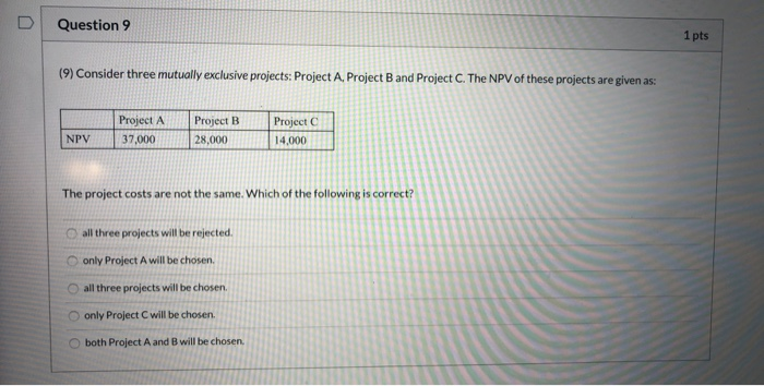  Question 9 1 pts (9) Consider three mutually exclusive projects: Project