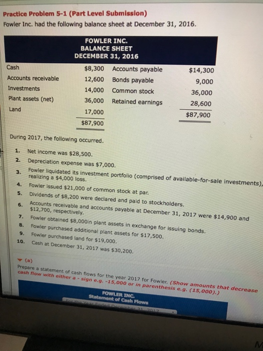  Practice Problem 5-1 (Part Level Submission) Fowler Inc. had the following