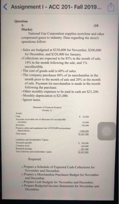 Assignment I-ACC 201- Fall 2019... Question 1: Marks) (10 National Gas Corporation