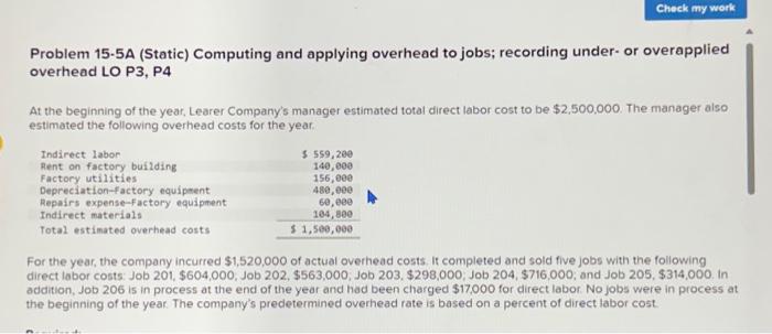 Problem 15-5A (Static) Computing and applying overhead to jobs; recording under-