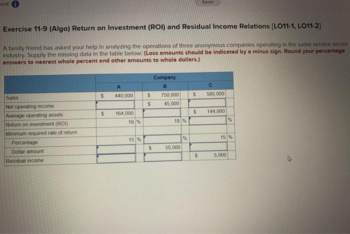 please answer the below question ent Saved Exercise 11-9 (Algo) Return on
