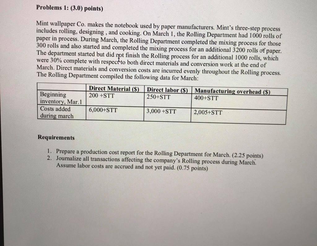 With STT is 32 Problems 1: (3.0) points) Mint wallpaper Co.