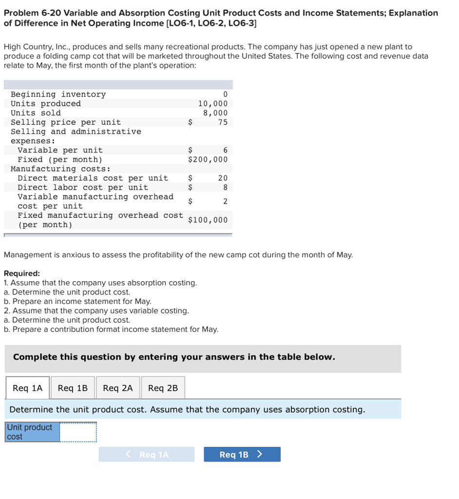  Problem 6-20 Variable and Absorption Costing Unit Product Costs and Income
