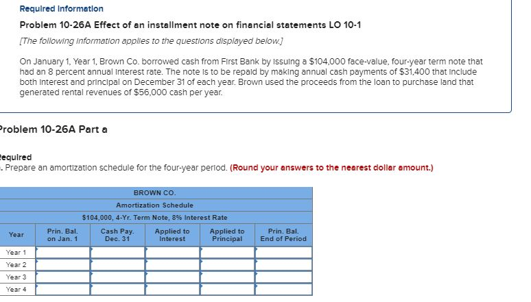  Required Information Problem 10-26A Effect of an installment note on financial