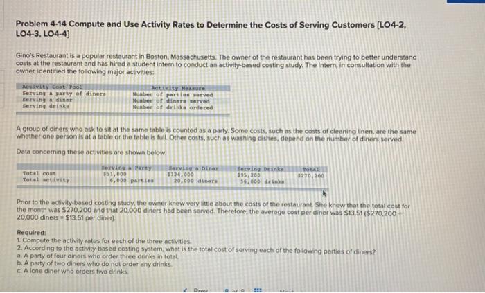  Problem 4-14 Compute and Use Activity Rates to Determine the Costs