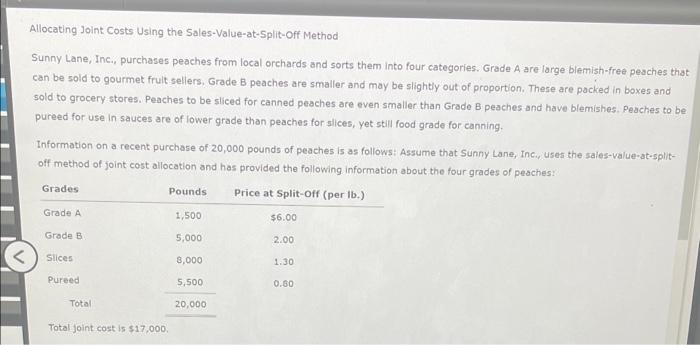  Allocating Joint Costs Using the Sales-Value-at-Split-Off Method Sunny Lane, Inc., purchases