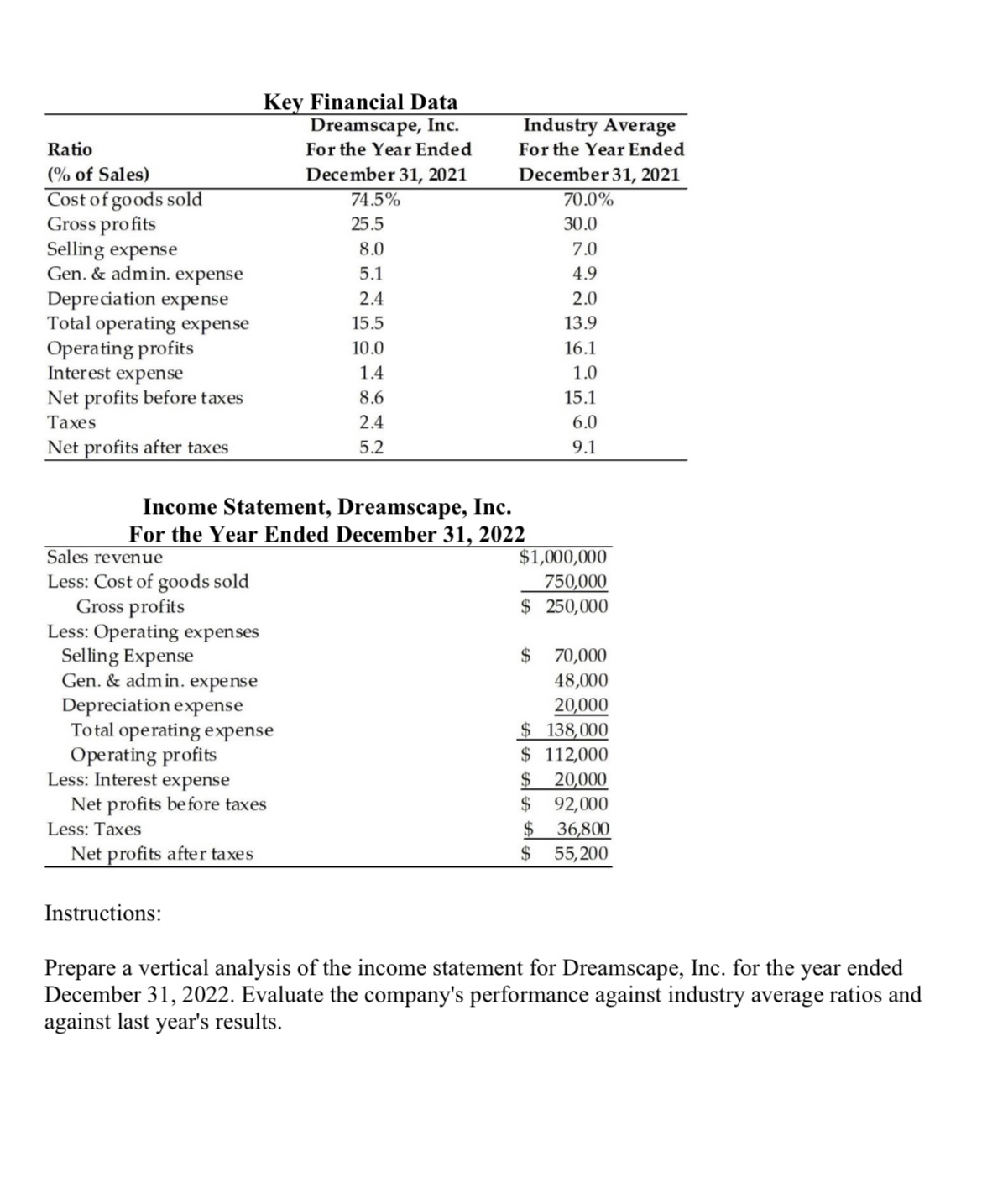  Key Financial Data \table[[\table[[Ratio],[% of Sales)]],\table[[Dreamscape, Inc.],[For the Year Ended],[December 31,2021]],\table[[Industry