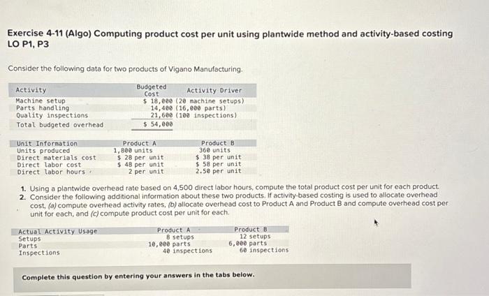  Exercise 4-11 (Algo) Computing product cost per unit using plantwide method