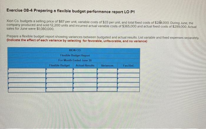  Exercise 08-4 Preparing a flexible budget performance report LO P1 Xion