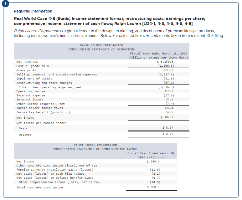Required Information Real World Case 4.8 (Static) Income statement format; restructuring
