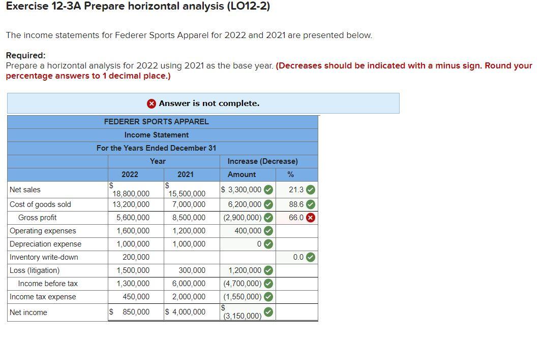 Please and thank you. Exercise 12-3A Prepare horizontal analysis (L012-2) The income