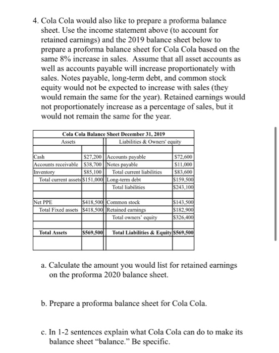  4. Cola Cola would also like to prepare a proforma balance