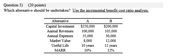 Question 3) (20 points) Which alternative should be undertaken? Use the