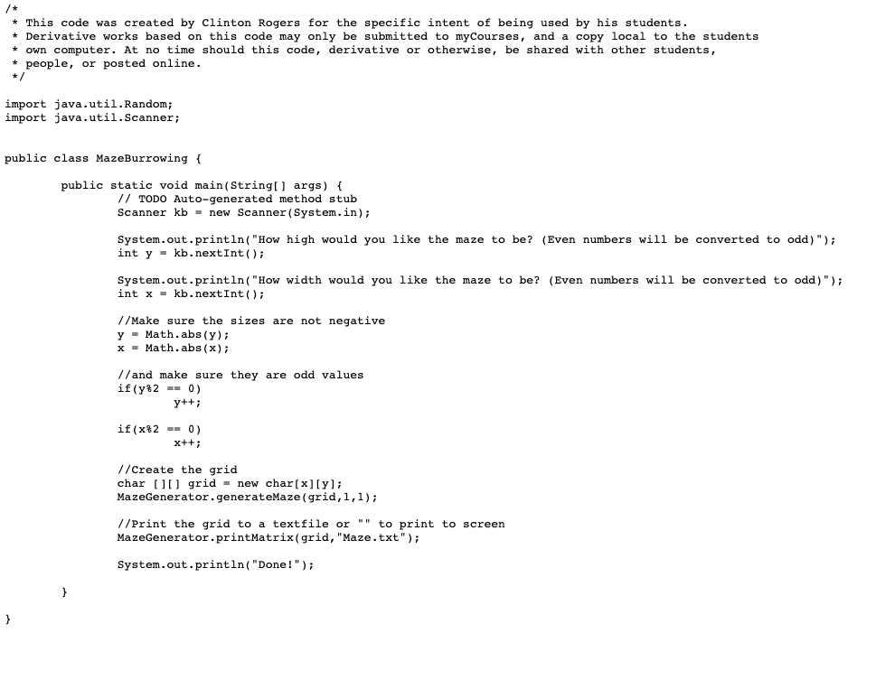 Derivative works based on this code may only be submitted to myCourses,