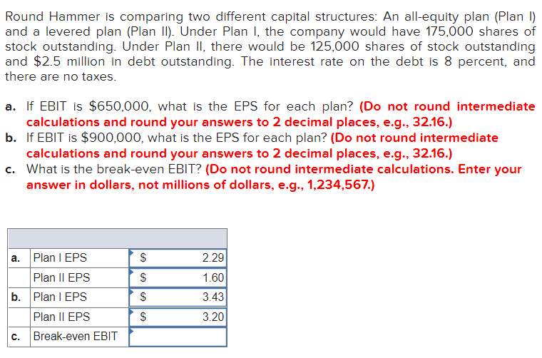  Round Hammer is comparing two different capital structures: An all-equity plan