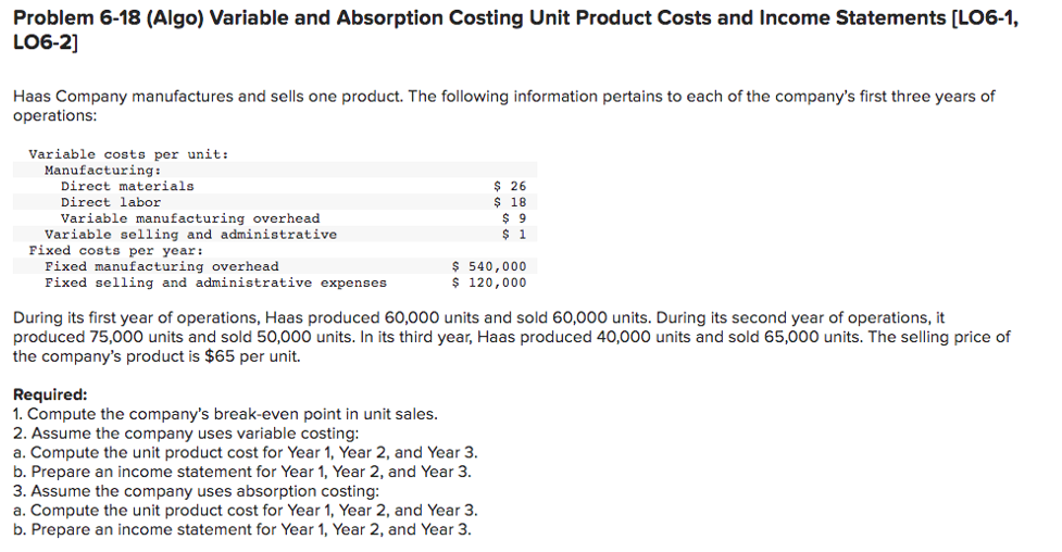  Problem 6-18 (Algo) Variable and Absorption Costing Unit Product Costs and