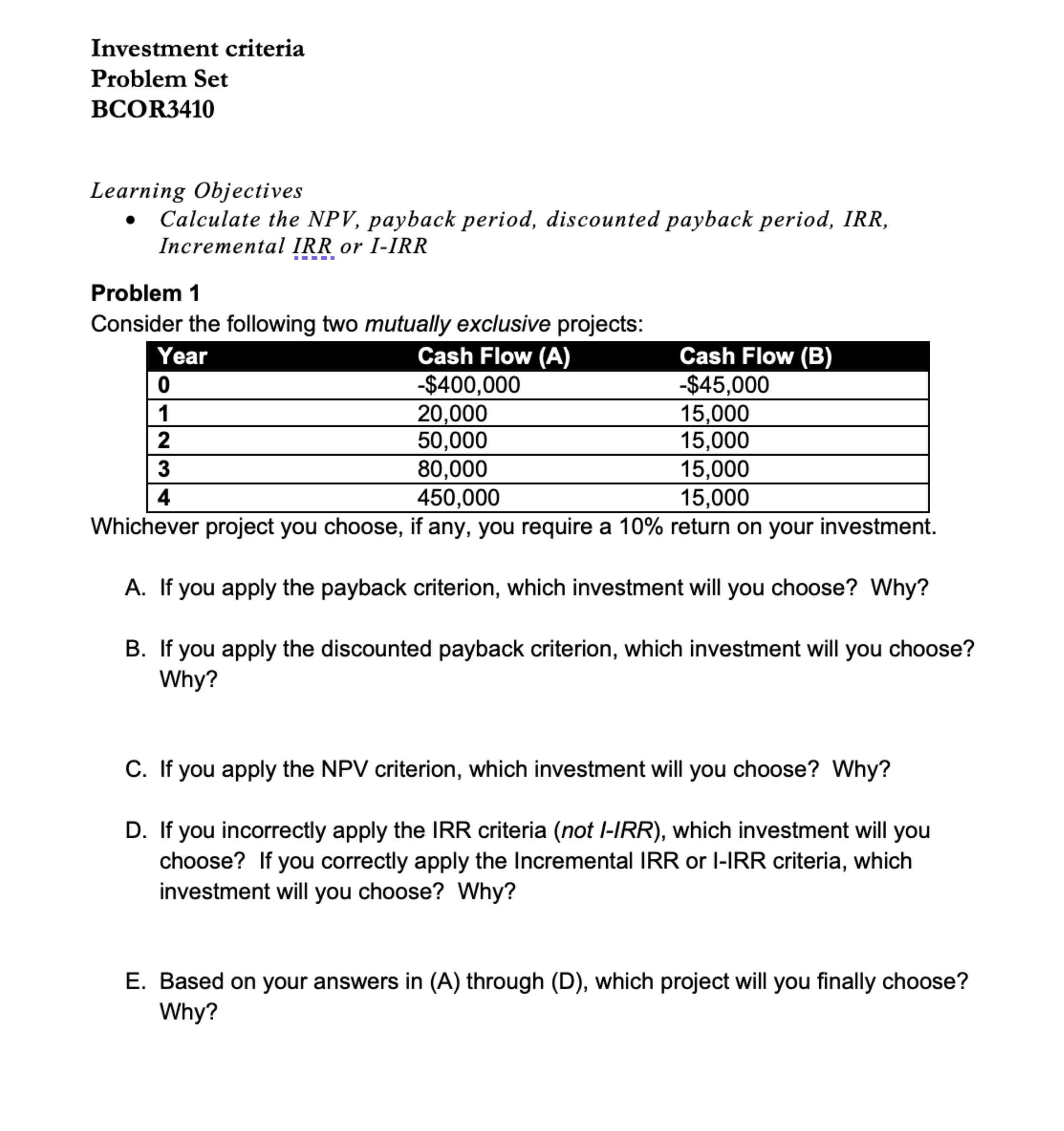  Investment criteria Problem Set BCOR3410 Learning Objectives Calculate the NPV, payback