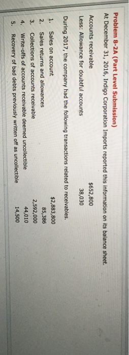  Problem 8-2A (Part Level Submission) At December 31, 2016, Indigo Corporation