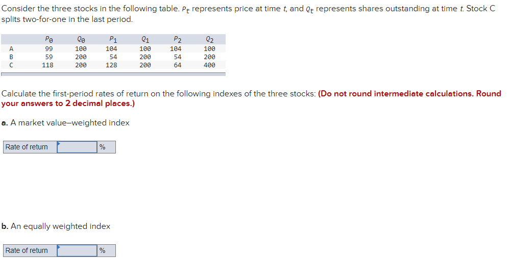 Consider the three stocks in the following table. Pt represents price