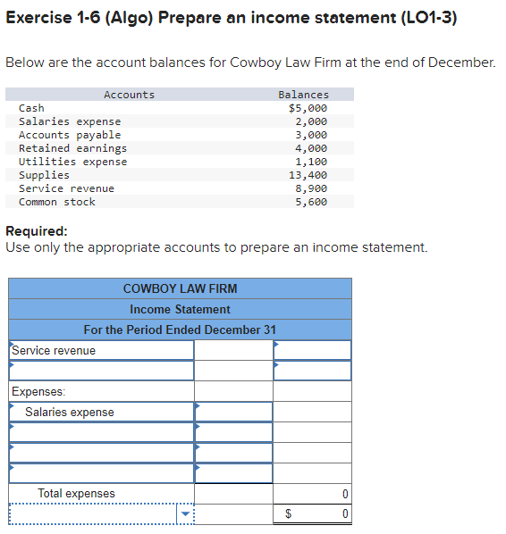  Exercise 1-6(Algo) Prepare an income statement (LO1-3) Below are the account