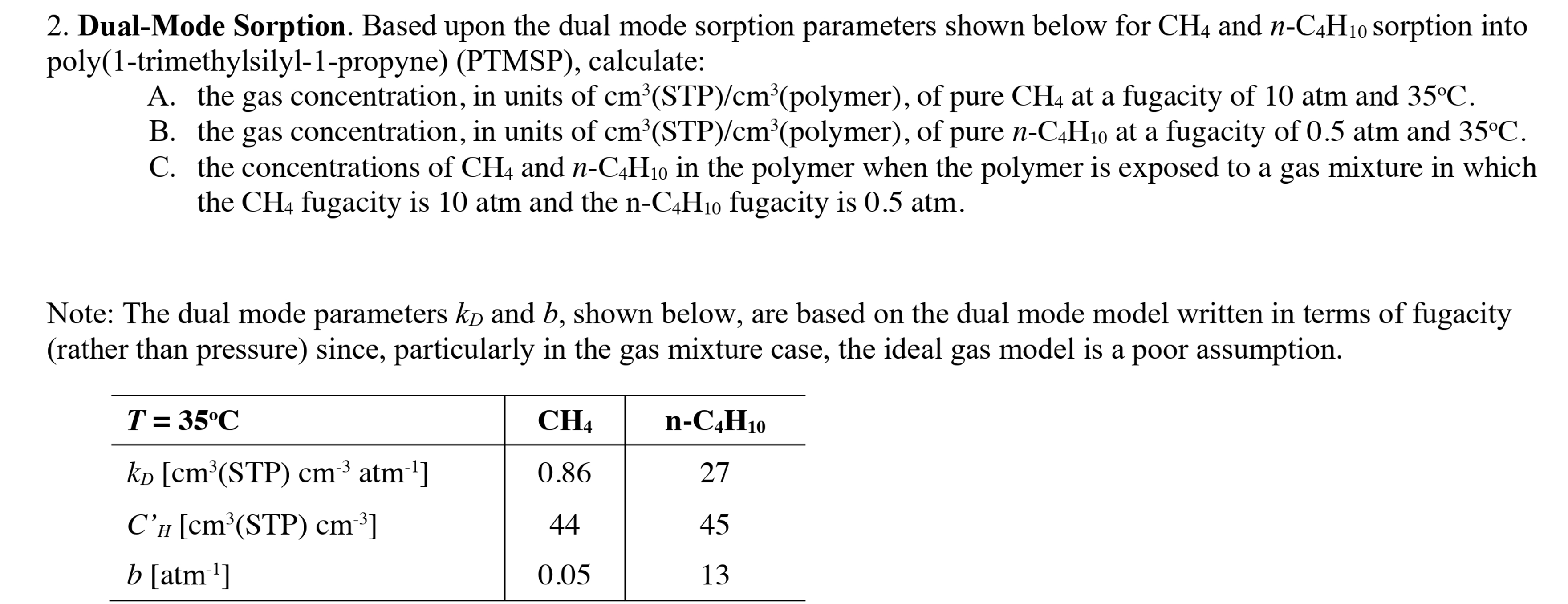  Dual-Mode Sorption. Based upon the dual mode sorption parameters shown below