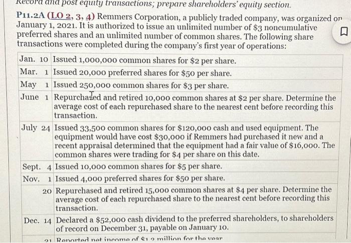  Record and post equity transactions; prepare shareholders' equity section. P11.2A (LO