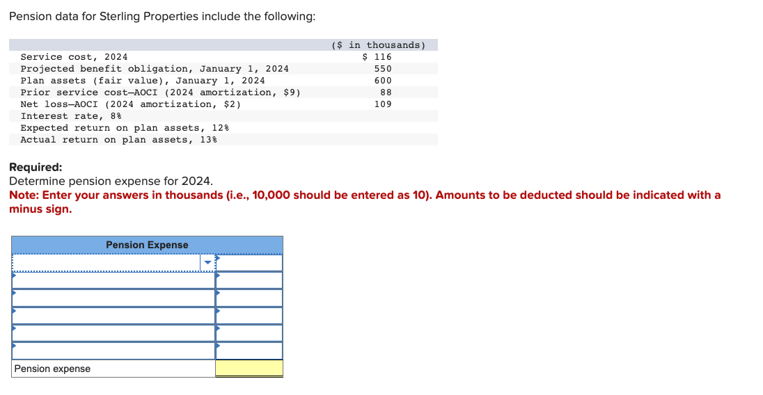 Pension data for Sterling Properties include the following: Required: Determine pension