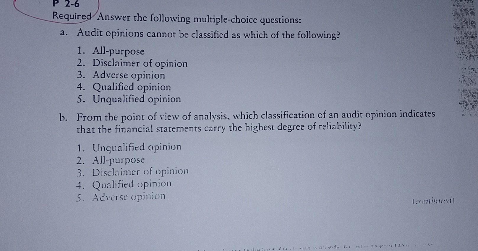  P 2-6 Required Answer the following multiple-choice questions: a. Audit opinions