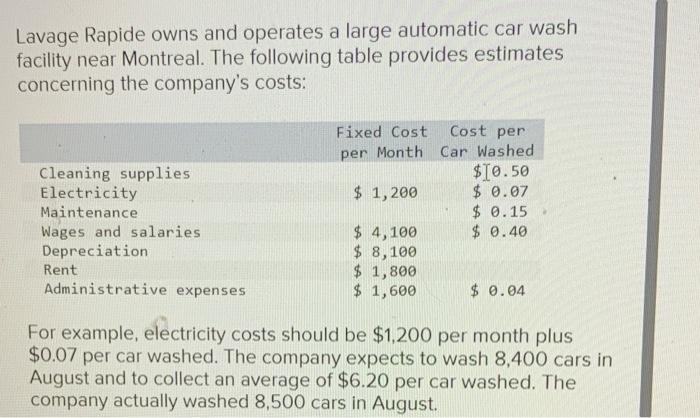 pls help! Lavage Rapide owns and operates a large automatic car wash