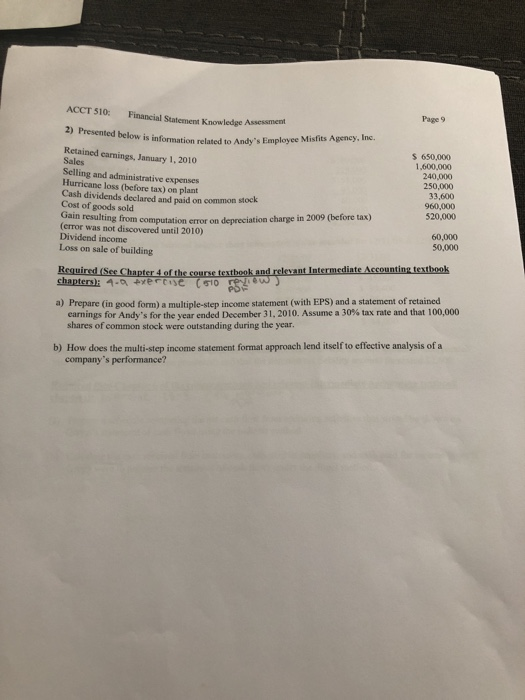  ACCT 510: Financial Statement Knowledge Assessrment Page 9 2) Presented below