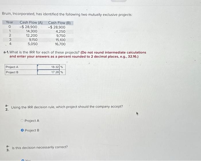  Bruin, Incorporated, has identified the following two mutually exclusive projects: a-1.