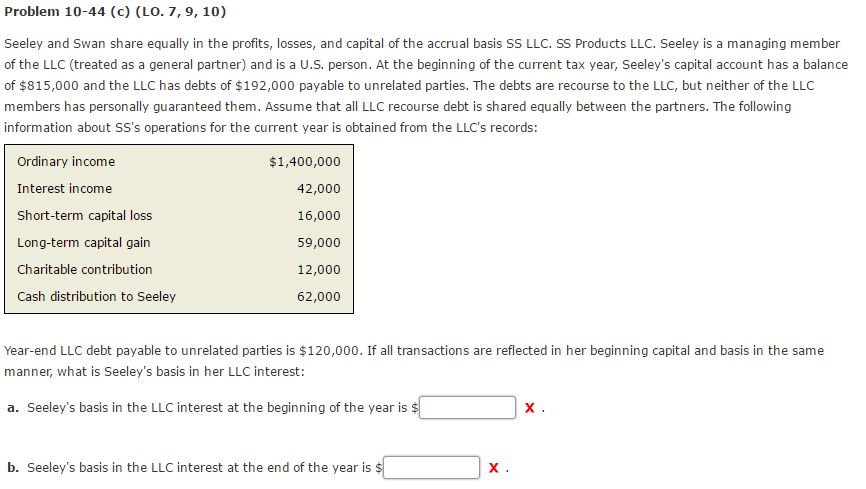  Problem 10-44 (c) (LO. 7, 9,10) Seeley and Swan share equally