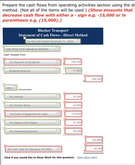  Prepare the cash flows from operating activities section using the di