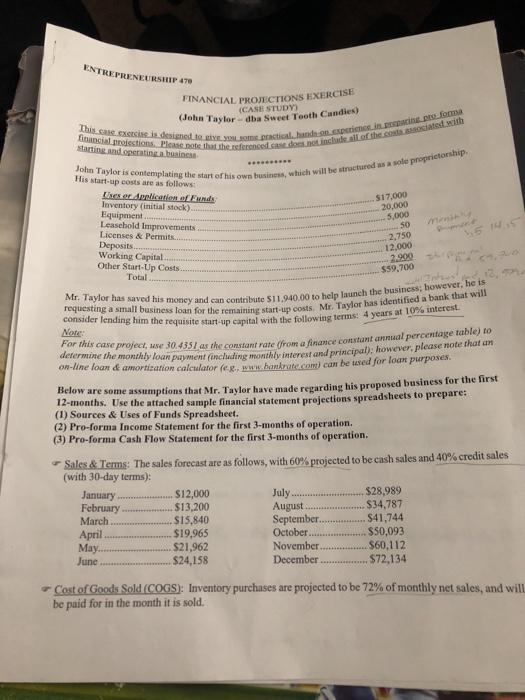  EPRENEURSHIP 470 FINANCIAL PROJECTIONS EXERCISE (CASE STUDY (John Taylor- dba Sweet