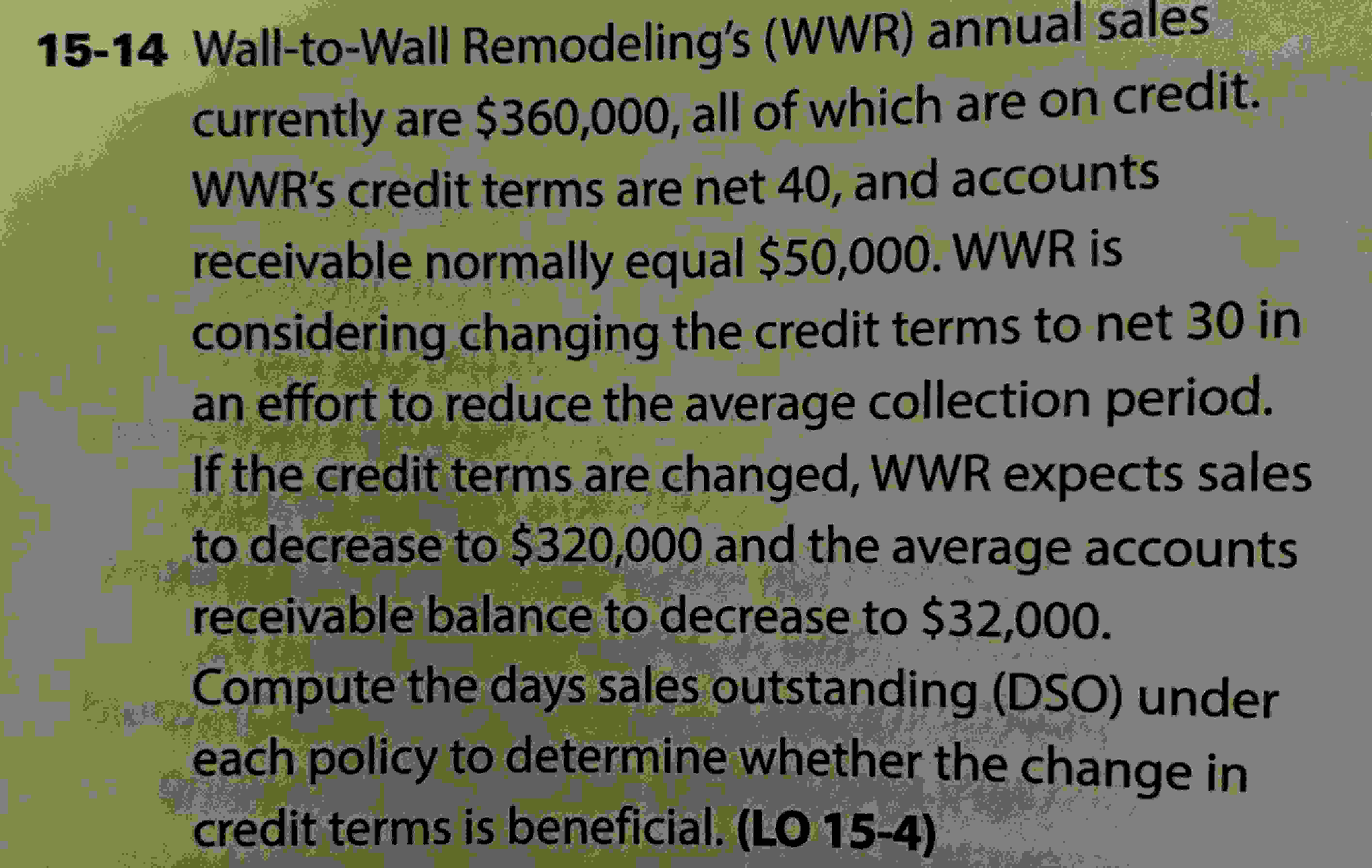  15-14 Wall-to-Wall Remodeling's (WWR) annual sales currently are $360,000, all of