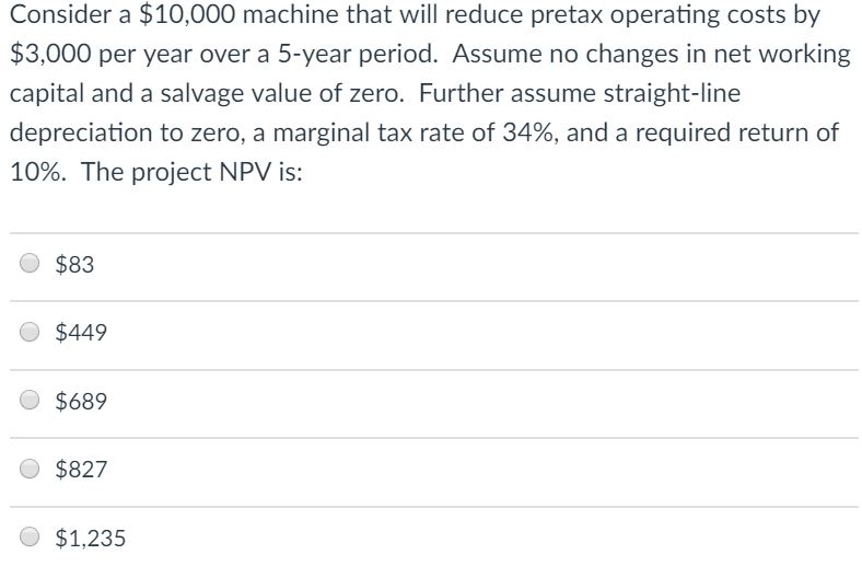 Consider a $10,000 machine that will reduce pretax operating costs by