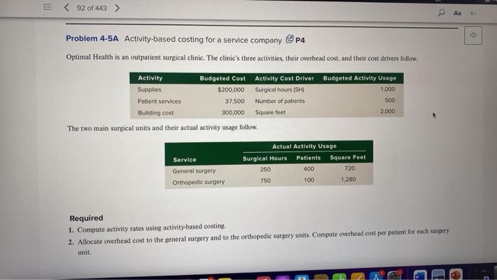  Problem 4-5A Activity-based costing for a service company @ P4 Optimal