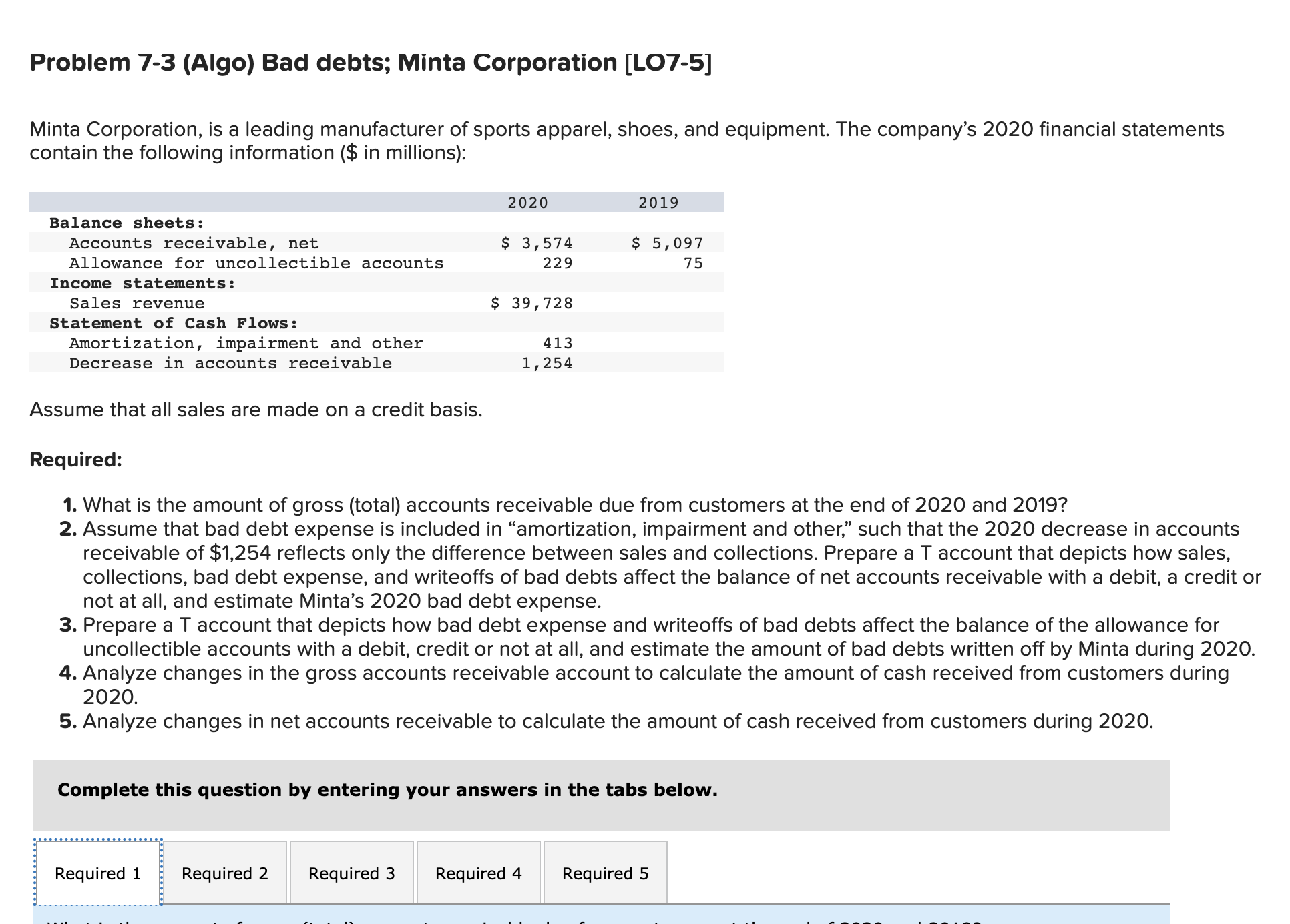  Please solve for all parts Problem 7-3 (Algo) Bad debts; Minta