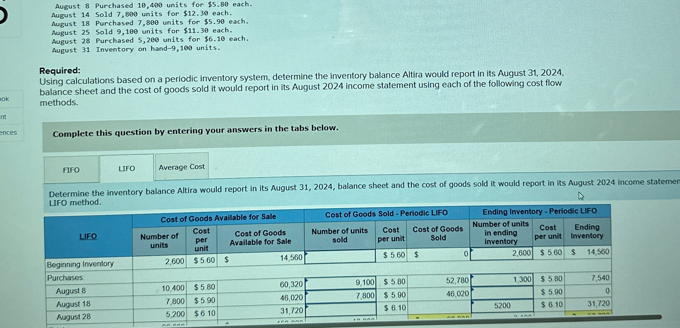  Required:Using calculations based on a periodic inventory system, determine the inventory